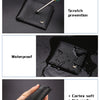 A black genuine leather bifold wallet shown with features like scratch prevention, waterproof protection, and thin feeling.