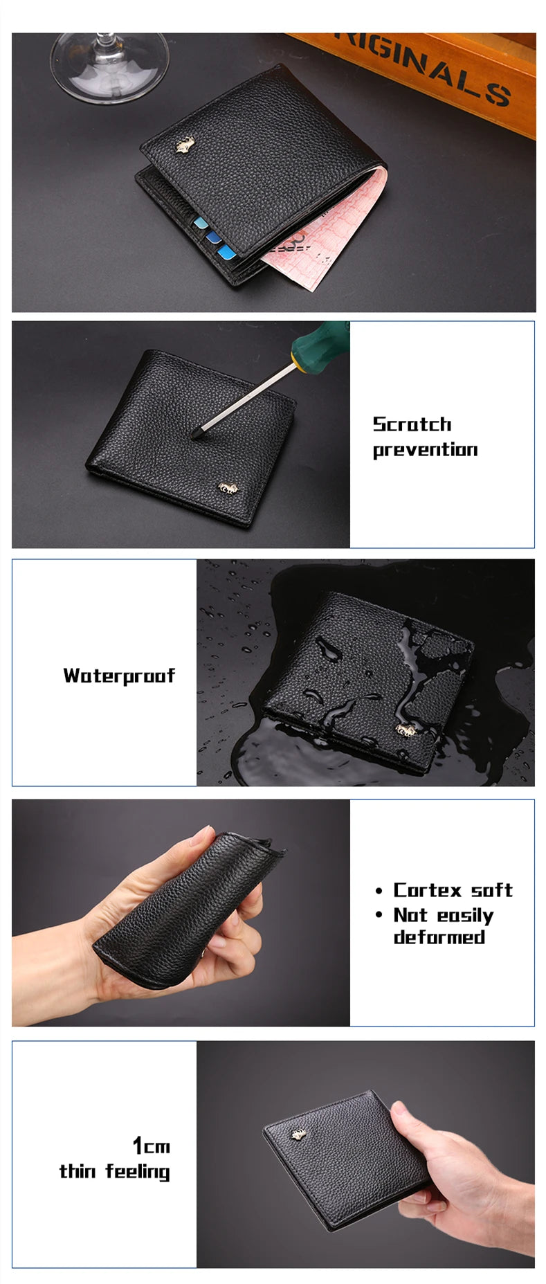 A black genuine leather bifold wallet shown with features like scratch prevention, waterproof protection, and thin feeling.