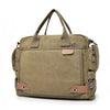 A tan canvas crossbody messenger bag with brown leather accents and multiple zippered compartments.