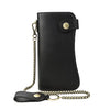 Black genuine leather bifold wallet with a brass metal chain and leather flap.