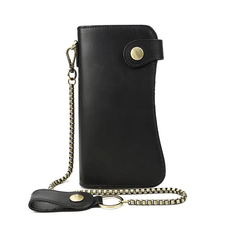 Black genuine leather bifold wallet with a brass metal chain and leather flap.
