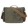 A dark olive green canvas messenger bag with brown leather straps and stitching.