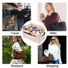 A collage showing a pink felt cosmetic organizer pouch used for travel, baby items, weekend outings, and shopping.