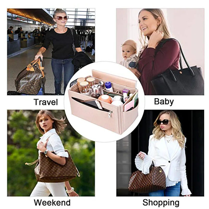 A collage showing a pink felt cosmetic organizer pouch used for travel, baby items, weekend outings, and shopping.