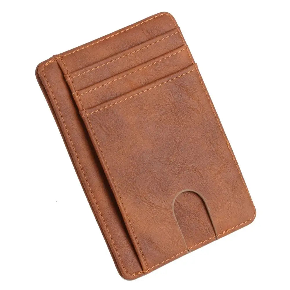 A brown leather card holder wallet with multiple slots and a cutout for a card.
