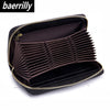 A dark brown genuine leather RFID women's travel wallet with a zipper closure shown open.