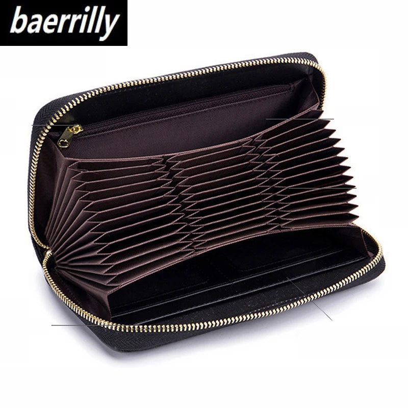 A dark brown genuine leather RFID women's travel wallet with a zipper closure shown open.