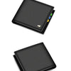 Black genuine leather bifold men's wallet shown from above.