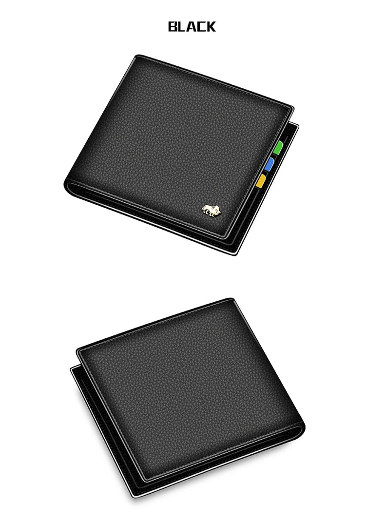 Black genuine leather bifold men's wallet shown from above.