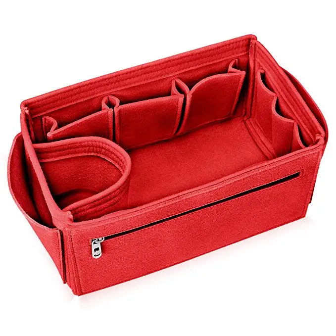 A red collapsible felt cosmetic organizer pouch with multiple compartments and a zipper.