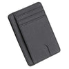 A dark gray slim leather card holder wallet with stitched edges and a flap closure.
