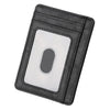 A black leather card holder wallet with a clear window displaying an RFID blocking feature.