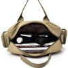 A tan canvas crossbody messenger bag with a padded interior showing a smartphone and other items.