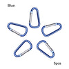 Five blue aluminum carabiner key rings shown individually against a white background.
