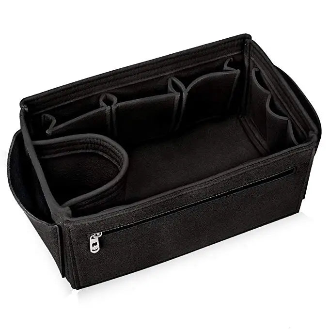 Black collapsible felt cosmetic organizer pouch with multiple compartments