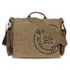 A tan canvas messenger bag with brown leather accents and a circular stamp design.