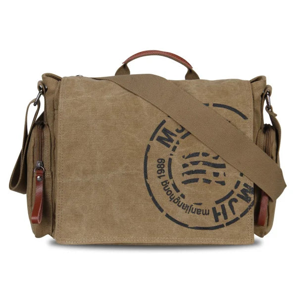 A tan canvas messenger bag with brown leather accents and a circular stamp design.