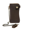 A dark brown genuine leather bifold wallet with a brass-colored metal chain attached.