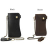 A pair of premium genuine leather bifold wallets shown in black and brown with metal chains.