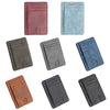 A collection of slim leather card holder wallets in various shades of pink, blue, gray, and brown.