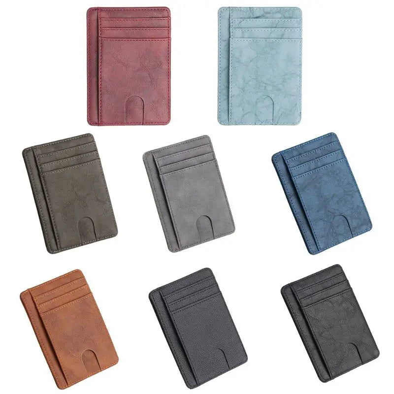A collection of slim leather card holder wallets in various shades of pink, blue, gray, and brown.