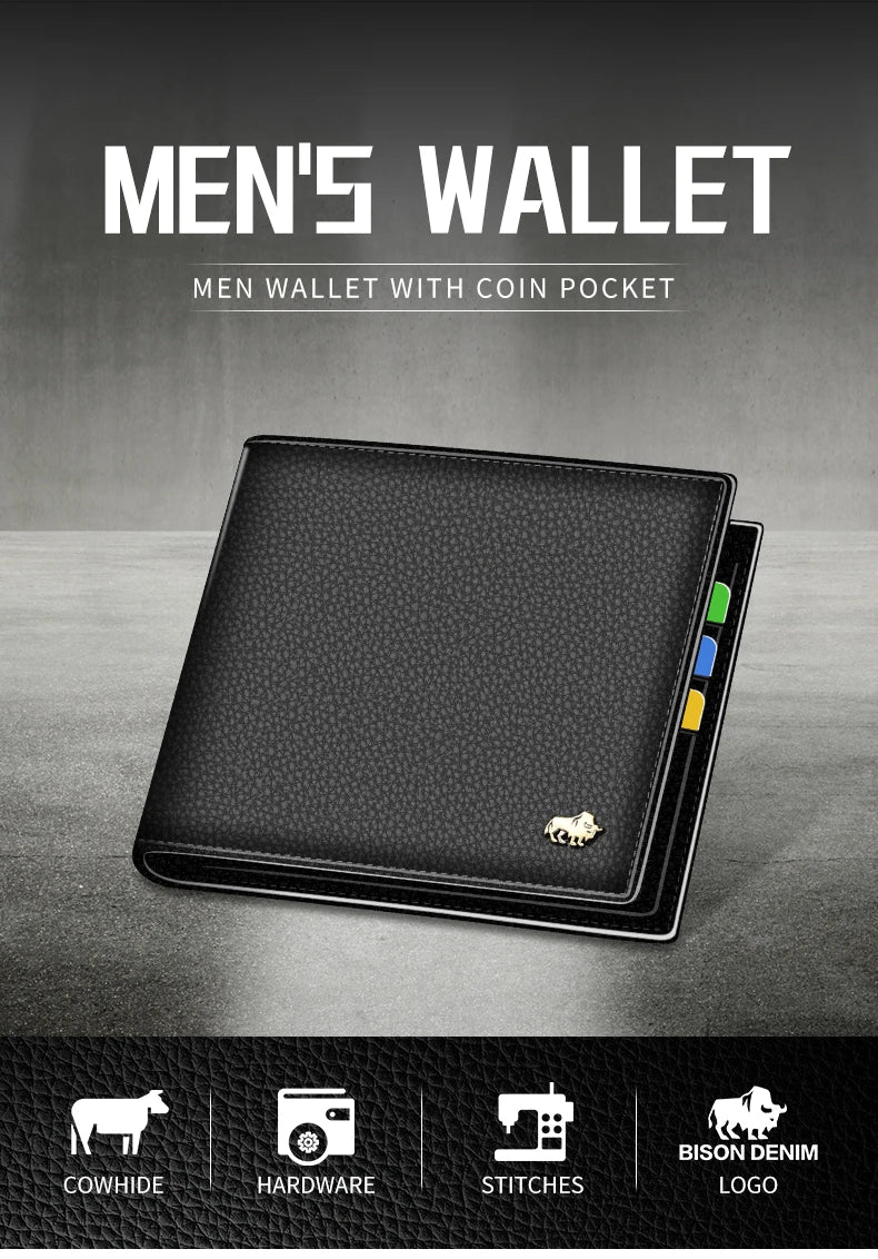 A black genuine leather men's wallet with a coin pocket and a bison logo on the cover.