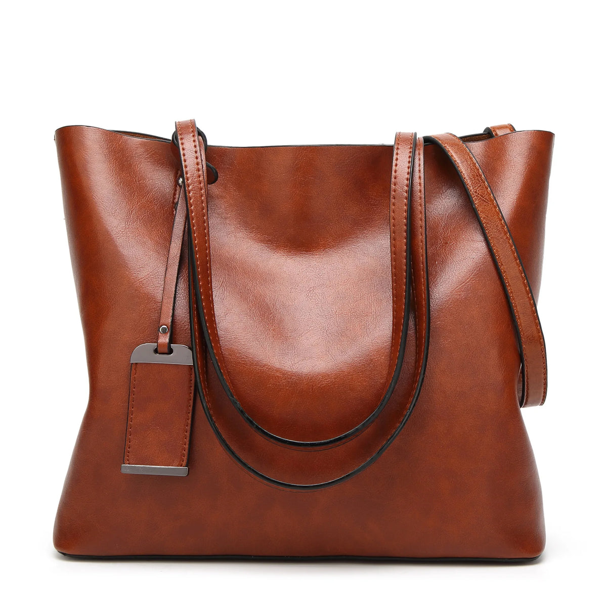 A brown waxed leather bucket bag with dual straps shown from the front.