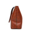 A brown waxed leather bucket bag with dual straps shown from the side.
