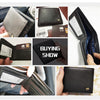 A collection of genuine leather bifold wallets in black and brown shades shown from various angles.