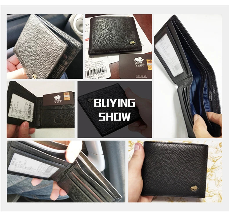 A collection of genuine leather bifold wallets in black and brown shades shown from various angles.