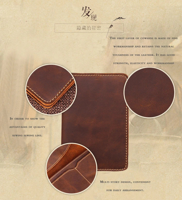 A brown leather passport wallet showing stitching details and a multi-story design for daily arrangement.