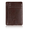 A dark brown leather card holder wallet with stitched lines and a slot for cards.