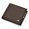 A dark brown genuine leather bifold wallet with a textured finish and colored stitching.