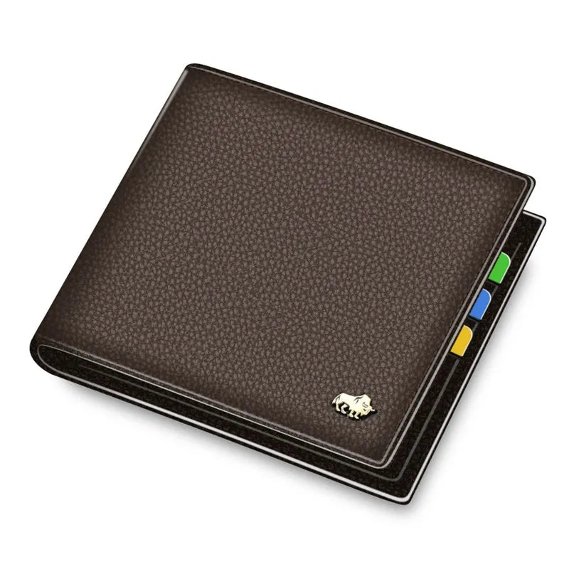 A dark brown genuine leather bifold wallet with a textured finish and colored stitching.