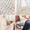 Close-up views of a beige reusable organic cotton mesh grocery tote bag showing its texture and use.