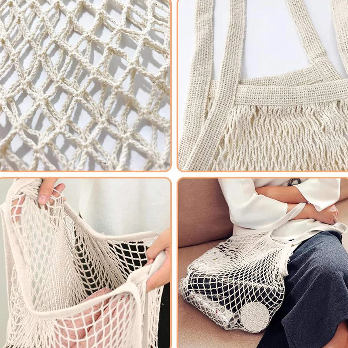 Close-up views of a beige reusable organic cotton mesh grocery tote bag showing its texture and use.
