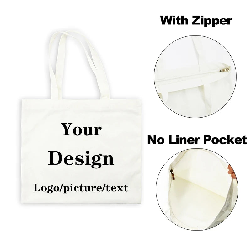 Bolso de tela blanca con cremallera, con diseño personalizable y bolsillo sin forro.