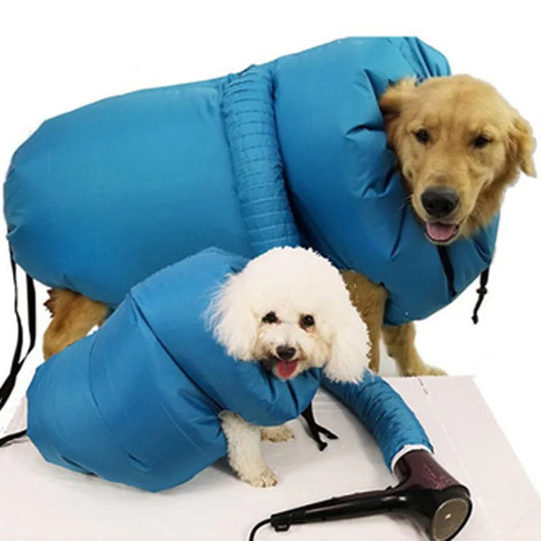 A golden retriever is resting inside a blue fabric grooming bag, with a white poodle visible inside.
