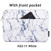 White marble patterned laptop sleeve with a front pocket for a MacBook Pro