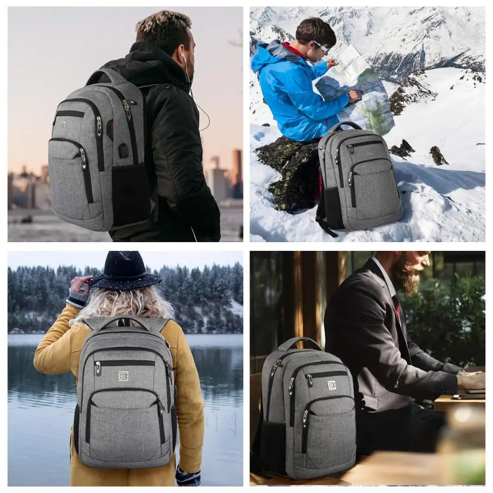 A business travel laptop backpack is shown in various outdoor and urban settings, carried by people.