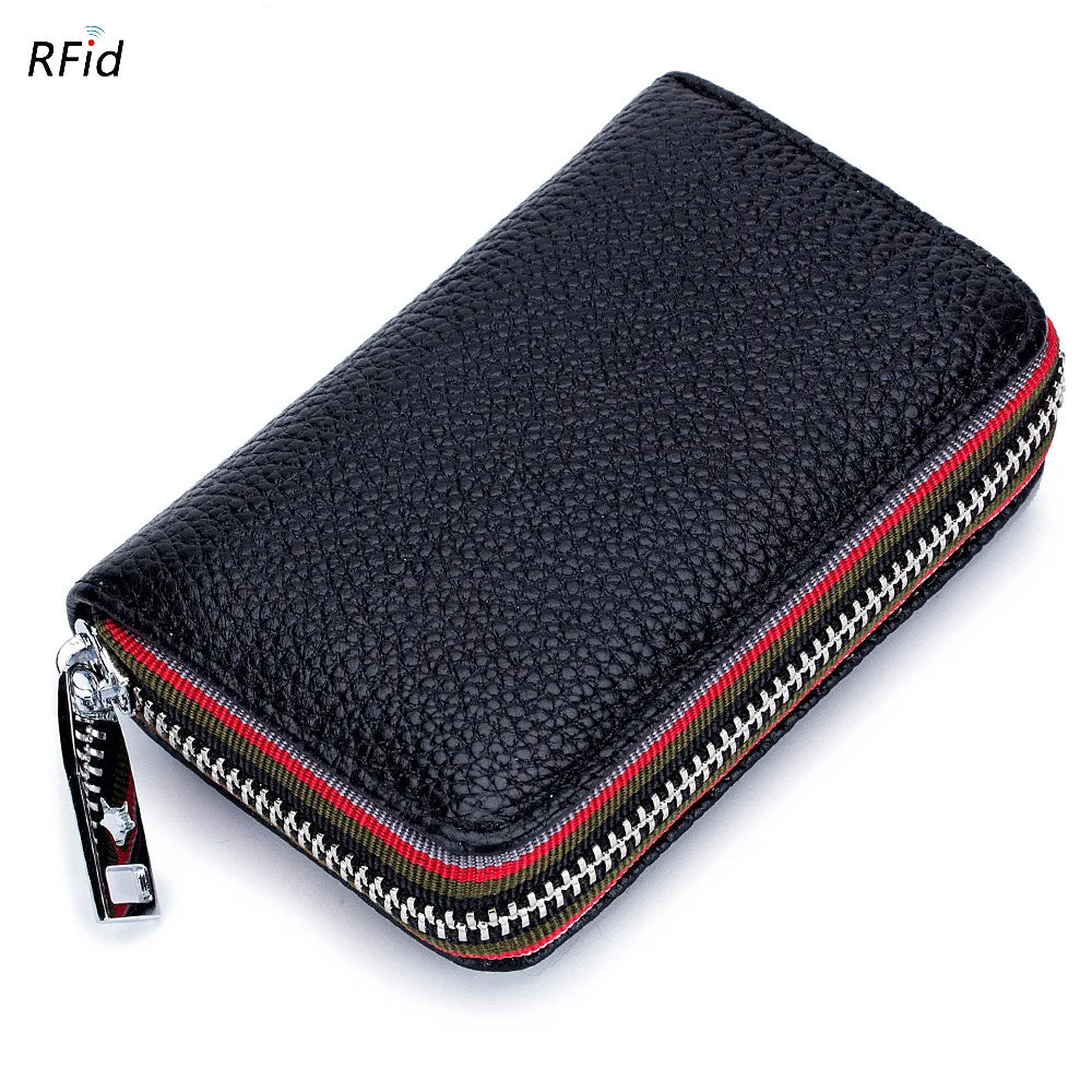 Black genuine leather accordion card holder wallet with red and black stitching