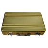 A rectangular gold-colored aluminum case designed to hold credit cards and identification.