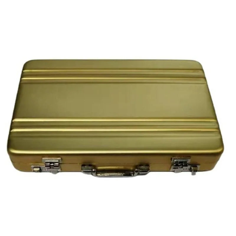 A rectangular gold-colored aluminum case designed to hold credit cards and identification.