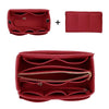 A maroon felt cosmetic organizer pouch shown in three views: a folded view, a flat view, and an open view.