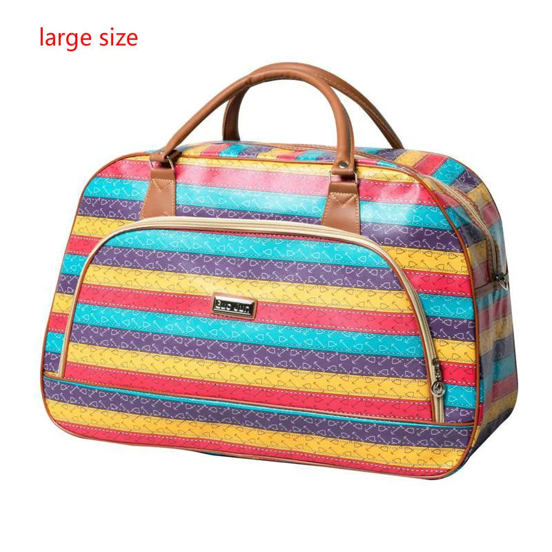 A colorful PU leather travel duffel bag featuring stripes and geometric patterns.