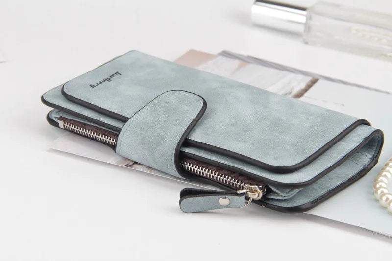 A grey PU leather card holder wallet with a zipper closure is shown on a white background.