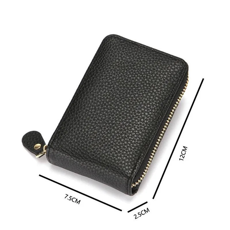 Black genuine leather multi-slot wallet for cards and cash shown from above with dimensions.