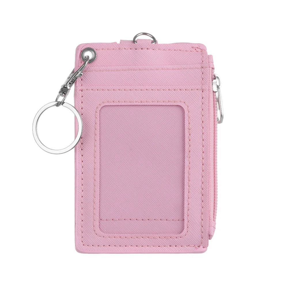 Pink PU leather card holder wallet with a silver keychain attached.