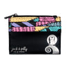 A black compact PU leather wallet with a zipper closure and colorful patterned card holder.