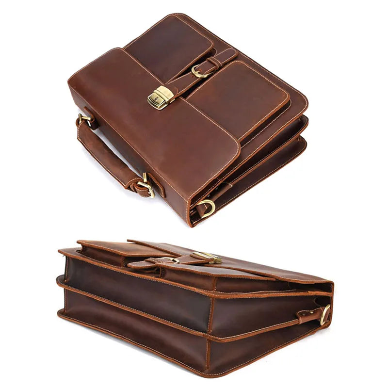 A brown vintage Crazy Horse leather briefcase with a laptop compartment shown from above.